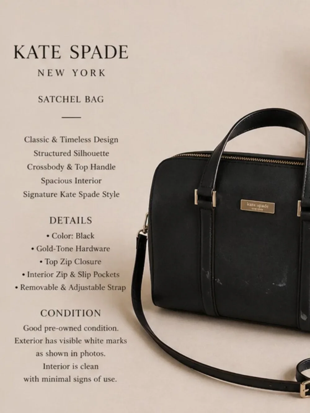 Kate Spade Black Satchel Gold Hardware Structured Bag